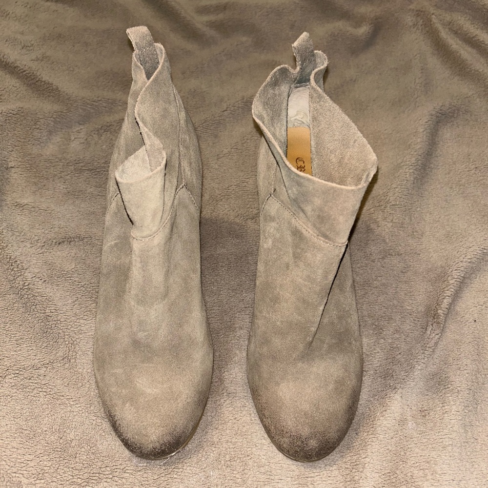 Good Condition Crown Vintage Rita Suede Stacked Heel Booties in Taupe